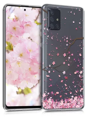 Produktbild von kwmobile Case kompatibel mit Samsung Galaxy A71 - Hülle Silikon transparent Kirschblütenblätter Rosa Dunkelbraun Transparent