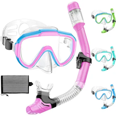 Productafbeelding van Snorkelset voor kinderen, duikmasker met anti-condens, droogsnorkel, roze en hemelsblauw