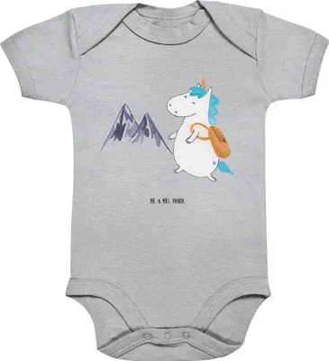 Produktbild von Mr. & Mrs. Panda Strampler Baby Einhorn Bergsteiger 1. - 3. Monat - Heather Grey - Geschenk, Einhörner, Abenteuer, Reisen, Babystrampler, Einteiler, babykleidung body