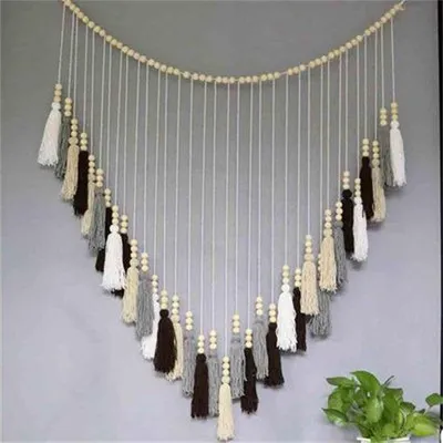 Produktbild von Großes Naturboho Wandtuch aus Holzperlen und Bürsten - Wanddekoration für Hochzeit und Braut (Eichenbraun) .
