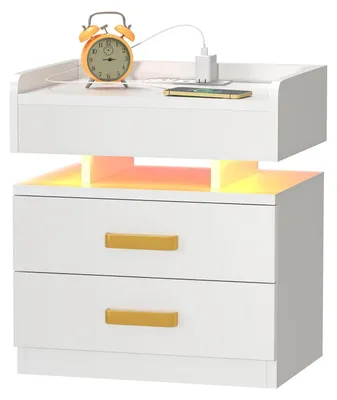 Produktbild von Nachttisch - Beistelltisch Schlafzimmer - 2 Stoffschubladen - Steckdose mit 2 USB-Ports - LED-Beleuchtung - Metallgestell - Weiß