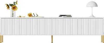 Zdjęcie produktu dla Fortuna Lai Biała szafka pod telewizor, długość 190 cm x szerokość 38 cm x wysokość 48 cm, złote nogi, drzwi z rowkami
