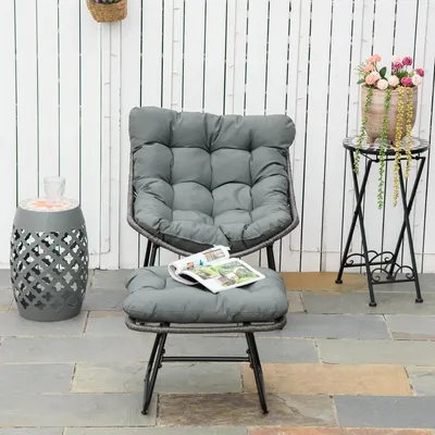 Produktbild von Gartensessel mit Metallrahmen und Kissen, Relaxsessel mit Hocker aus PE-Rattan, wetterfest, Grau  |  Handgeflochten  |  12,5 kg  |  69 x 76 x 70 cm
