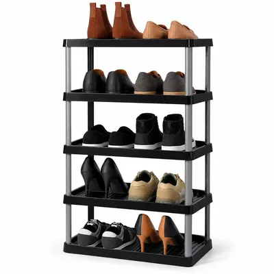 Immagine prodotto di ARTECSIS®: Scaffale per scarpe in plastica con 5 ripiani, colore nero (50x34x82 cm), da assemblare e ampliabile. Scaffale componibile per scarpe, ideale per spazi ridotti