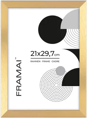 Zdjęcie produktu dla Framai® Ramka na zdjęcia 21x29,7 DIN A4 GOLD MDF Przyjazna dla środowiska ramka z nietłukącą pleksi, wieszakiem i podstawką