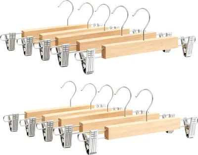 Immagine prodotto di Set da 10 grucce per pantaloni Relaxdays, 2 mollette ciascuna, grucce con mollette per pantaloni e gonne, dimensioni: 12x36x1,2 cm, legno e ferro, colore naturale