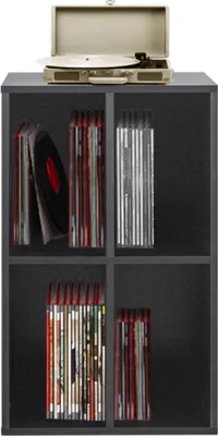 Produktbild von VDD Schallplattenschrank, schwarz, für Vinyl, mit Plattenspielerablage, modular, stabil, zur Präsentation von Sammlungen. Maße pro Fach: 35x20x35 cm. Auch für Bücher & Zeitschriften.