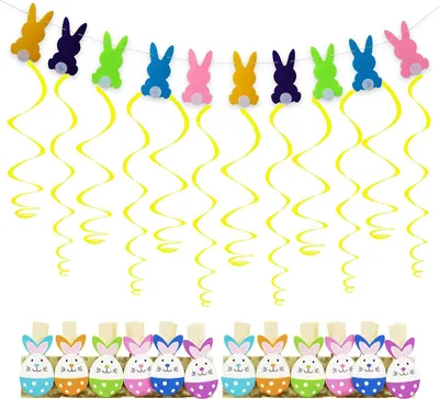 Produktbild von Oblique Unique Osterdeko Set - Osterhase Girlande + Ostereier Mini Wäscheklammern + Wirbel Deckenhänger