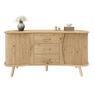 Image de Buffet moderne en forme de pois avec un motif rainuré de style scandinave, buffet ovale en bois avec 2 portes coulissantes, 3 tiroirs et des étagères réglables, Schr