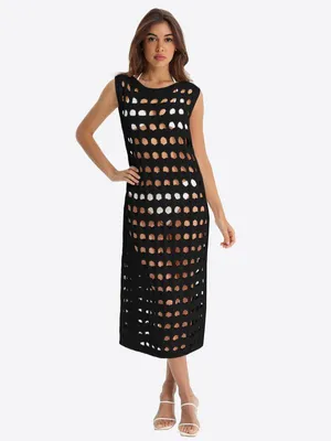 Produktbild von Damen-Midikleid mit durchbrochenem Muster, ärmellos, Häkelstil.