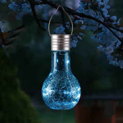 Produktbild von LED Solar Glühbirne CRACKLE GLOW - warmweiße LED Drahtlichterkette - H: 17cm - Lichtsensor - blau