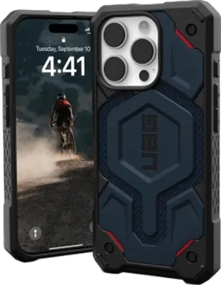 A UAG Monarch Pro MagSafe case is shown next to an iPhone.