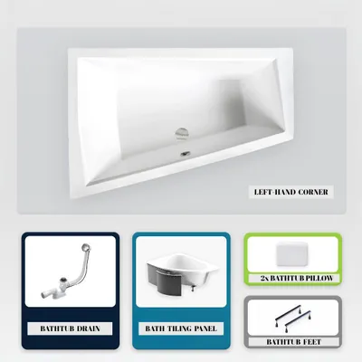 Produktbild von Asymmetrische Badewanne - 180 x 125 cm - Links - mit Verkleidung - mit Füßen - 2 Kopfstützen - Ablaufgarnitur Chrom - INTIMA DUO