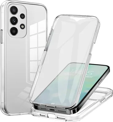 A clear protective phone case is shown, with one case displayed separately and another encasing a smartphone.