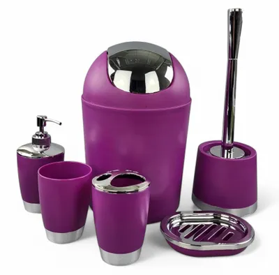 Produktbild von 6tlg Badset Badezimmer Zubehör Set Organizer: (Lila Design 1) Seifenspender, Zahnputzbecher, Kosmetikeimer, WC Bürste, Seifenschale, Mülleimer