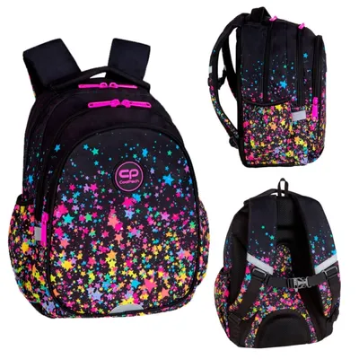 A collage of three images showing a black backpack with a colorful star pattern from different angles.