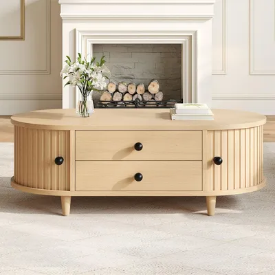 Produktbild von Couchtisch mit Rolltüren und 2 Schubladen Beistelltisch Wohnzimmertisch bis 50kg belastbar 100×50×36cm Natural