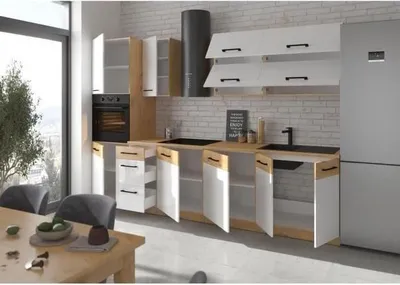 Image de ROCK Cuisine complète - Mélaminé chêne Lancelot et Blanc brillant - 300 cm - Plan de travail non inclus