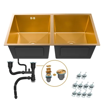 Immagine prodotto di ANW HOME Lavello da cucina, lavello da incasso a doppia vasca, lavello in acciaio inossidabile 304 con finitura PVD dorata, 80x45 cm, senza sgocciolatoio, con rivestimento nano, spessore