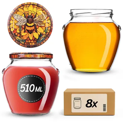 Obrázek produktu pro KADAX zavařovací sklenice 510 ml se šroubovacím víčkem fi82mm, šroubovací sklenice s víčkem, sklenice na med, sklenice na zavařování medu (žlutá včela, 8 kusů)