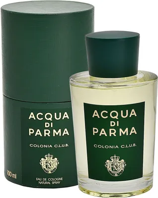 A bottle of Acqua di Parma Colonia C.L.U.B. Eau de Cologne and its cylindrical packaging are shown against a white background.