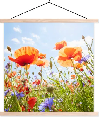Produktbild von MuchoWow® Textilposter Blumen - Mohn - Frühling - Natur - Rot - Blau 40x40 cm mit holzfarbenen Rahmen - Posterleiste