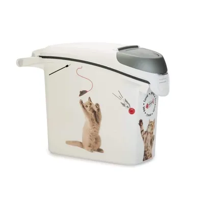 A white plastic pet food container with cat illustrations.