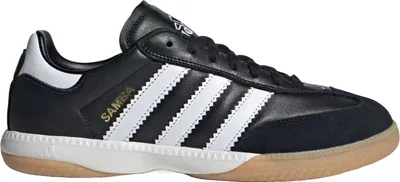 A studio shot of a black Adidas Samba shoe.