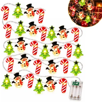 Produktbild von Weihnachtslichterkette Batterie 3 m, 30 LEDs mit Zuckerstangen, Weihnachtsbäumen und Schneemännern, warmweiß, 2 Lichtmodi, für Innenräume