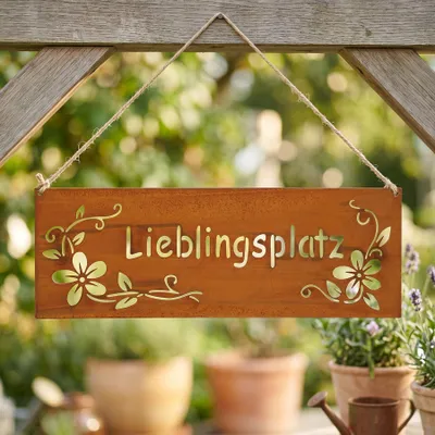 Produktbild von Schild Lieblingsplatz 25x9cm Außen Garten-Deko Rost Braun Edelrost Rostdeko Blumen Metall Türschild Wandbild Außendeko