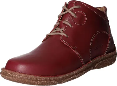 A single red leather boot is shown against a white background.