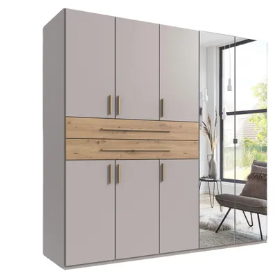 Produktbild von Drehtürenschrank Kleiderschrank 225 cm Beige Grau Spiegel Schubkästen Eiche Artisan / 22636