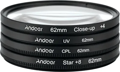 Produktbild von Andoer? 62mm UV + CPL + Close Up + 4 + Sterne 8-Punkt Filter Circular Filtersatz Circular Polarizer Filter Macro Close-Up Star-8-Punkt Filter mit Beutel fuer Nikon Canon Pentax Sony DSLR-Kamera