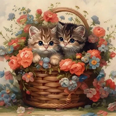 Produktbild von NORIMPEX Maloven nach Nummer Katzen in einem Korb mit Blumen 40x50cm