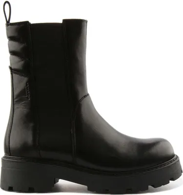 A black leather Chelsea boot with a thick sole, shown from the side against a white background.