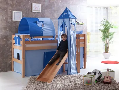 Produktbild von Halbhohes Spielbett Elyas Buche Natur 90x200 cm mit Rutsche und Turm