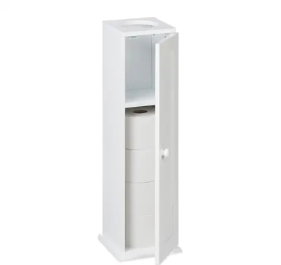 Produktbild von Relaxdays Toilettenschrank mit 2 Ablagen & Loch für Feuchttücher, HBT 65x19,5x19,5 cm, Tür, schmales Badregal, MDF, weiß