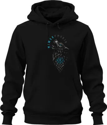 Obrázek produktu pro Viking Wolf Nordic Vegvisir Runes Valhalla Fenrir Compass Uni mikina s kapucí, černá, S