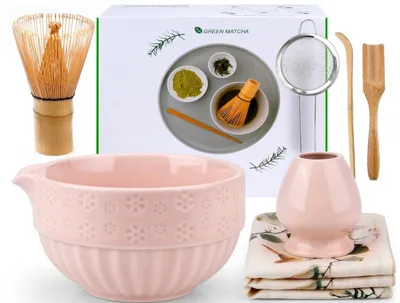 7-teiliges Matcha-Set aus Bambus & Keramik, Kirschblüte