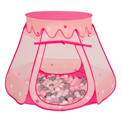 Obrázek produktu pro Selonis dětský stan na hraní 105X90cm/600 míčků Hradní domeček Pop Up Ballpit Plastové míčky pro děti, Růžová:Pearl-Grey-Transparentní-Pudrově růžová