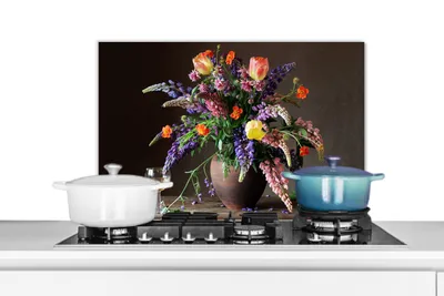Obrázok produktu pre KitchenYeah® Splashback kitchen - Kuchynský splashback - Ochrana steny sporáka a drezu - Zátišie - Víno - Kvety 60x40 - Alu-Dibond (alternatíva skleneného splashbacku) - Tepelne odolný - Splashback na sporák - Kuchynský splashback
