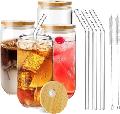 Produktbild von Glasbecher Set aus 4 - 500ml mit Deckel und Strohhalm