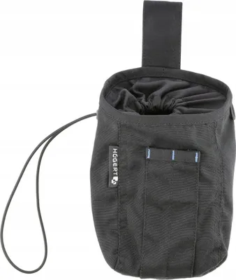 A black utility pouch with a drawstring closure and a loop for attaching to a belt.