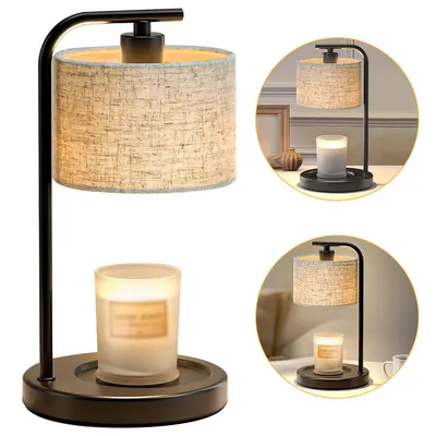 A collage of images showing a candle warmer lamp with a fabric shade and a glass candle holder.