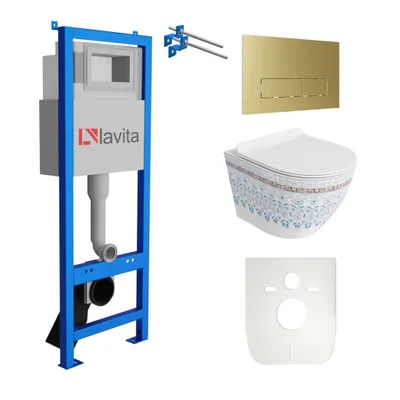 Produktbild von Lavita LAV 101 Vorwandelement für WC 40cm + Wand Hänge Tiefspül WC SOFI SLIM FOLKLOR Spülrandlos + Bedienplatte LAV 200.3.5 Gold | Komplettset | Unterputz Spülkasten | Toilette Komplett Sett