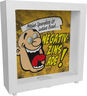 Produktbild von Rahmen Spardose aus Holz in gelb zum Thema Negativzins mit Comic-Motiv