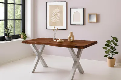 Produktbild von Esstisch Baumkante Akazie massiv 50mm Nussbaum 120 x 80 cm X-Gestell silber  CALI