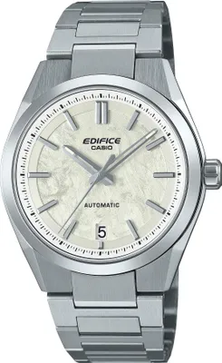 A close-up studio shot of a silver and white Casio Edifice automatic watch against a white background.