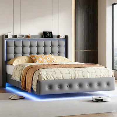 Zdjęcie produktu dla Łóżko tapicerowane INONEFT, 140x200 cm, z podświetleniem LED i portami USB/C, łóżko platformowe z efektownym wyglądem, rama łóżka dwuosobowego z listwowym materacem, aksamit, szary, bez materaca