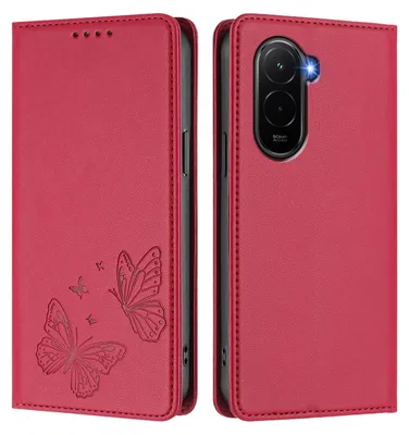 Produktbild von Lederhülle für Xiaomi Poco M7 4G, Schmetterling Prägung Leder Brieftasche Schutzhülle mit Ständer Rot